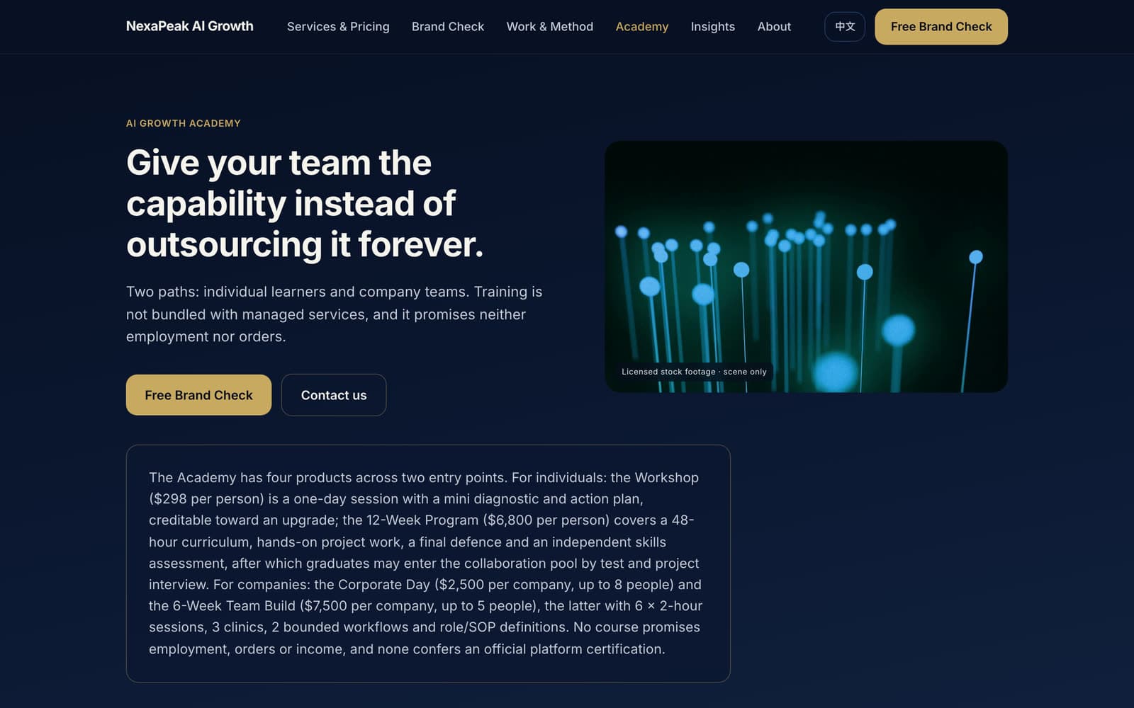 NexaPeak academy page, candidate build: individual and corporate entry points, course groups and pricing