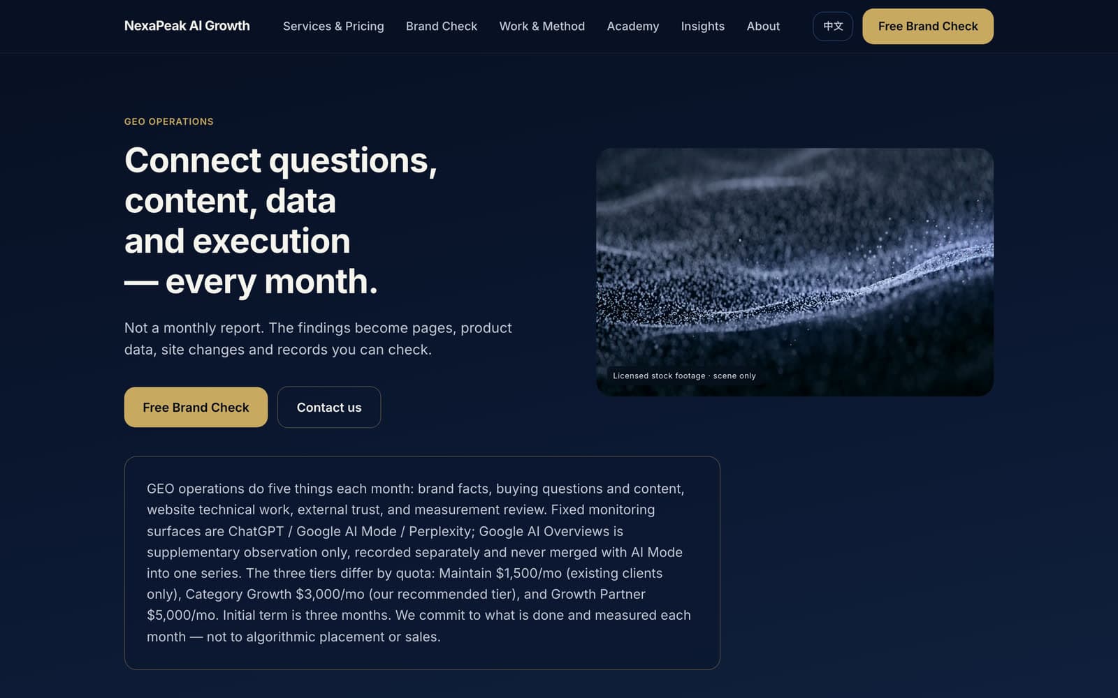 NexaPeak GEO operations page, candidate build: the three quota tiers, monthly deliverables and how the review record is organised