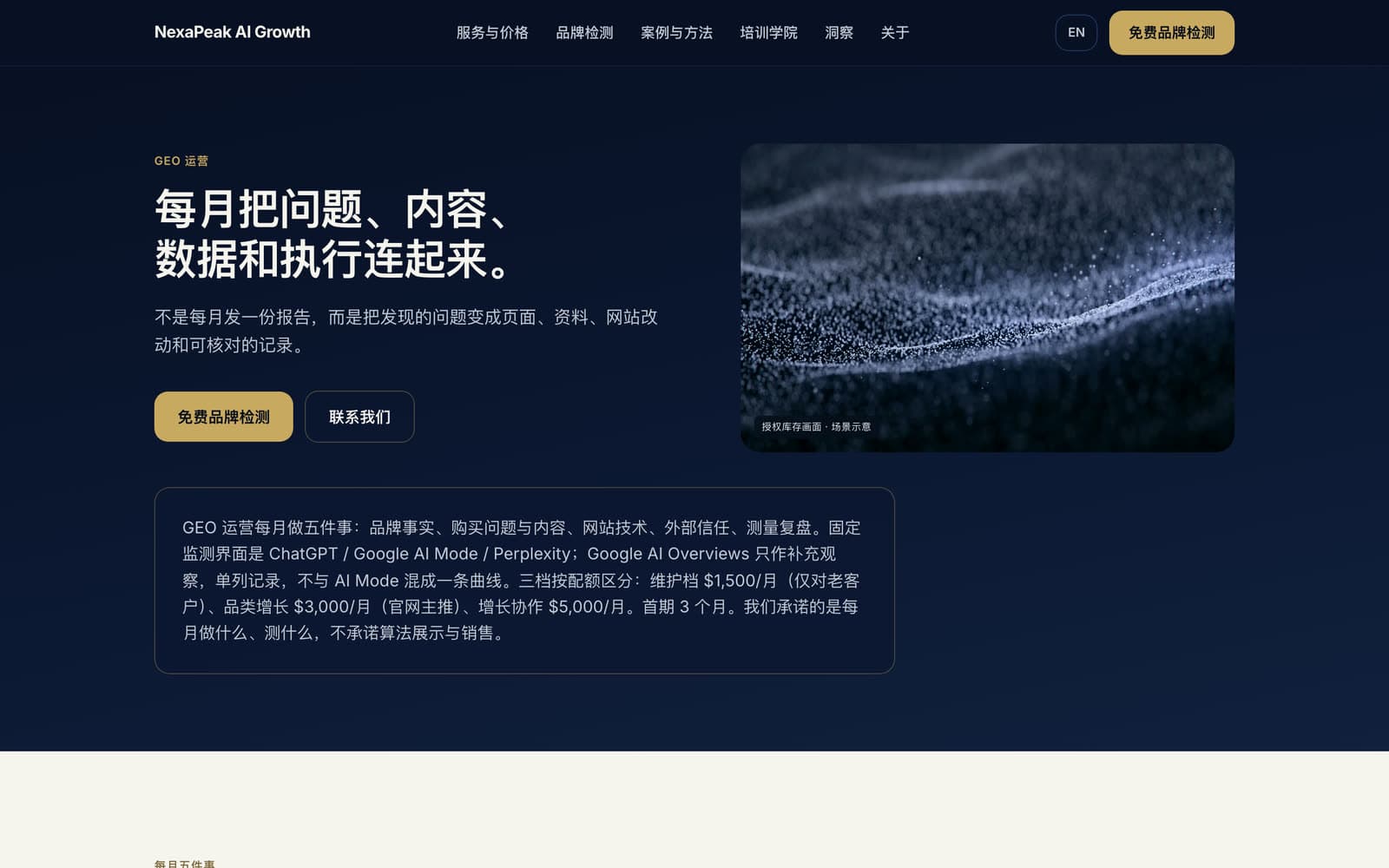 NexaPeak GEO 运营页候选版：三档配额、每月交付与复盘记录的组织方式