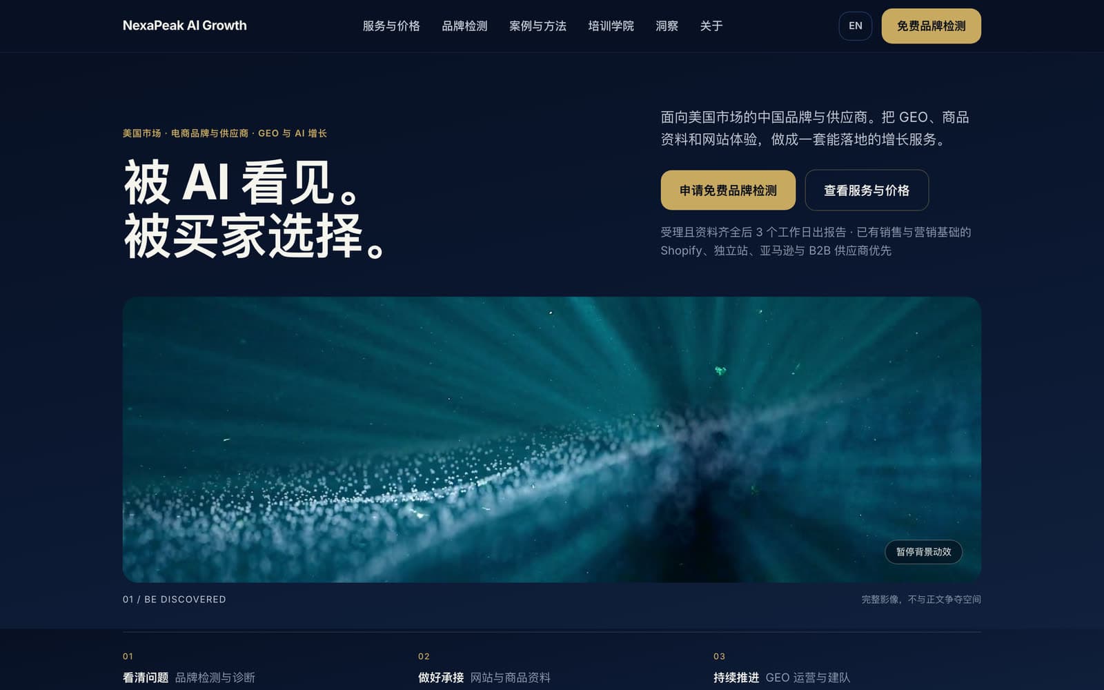 NexaPeak 官网候选版首页:标题与按钮在上,完整宽幕影像在下,下面是三步服务主线