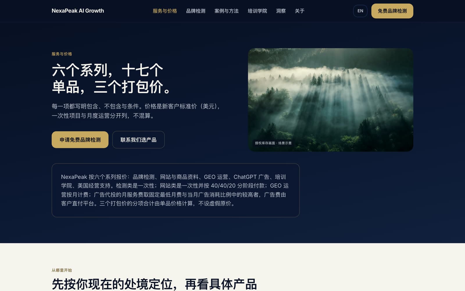 NexaPeak 服务与价格页候选版:服务分组、起价与关键条件同屏可见